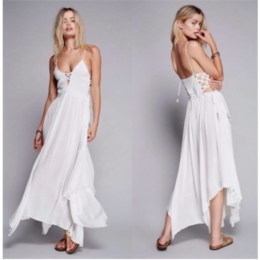 Free People Coconuts All Day Macrame Asymmetrical Hem Maxi Boho Beach Dress XS